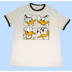 Donald Duck 4 Faces T-Shirt Disney size L - Ringer style White with blue